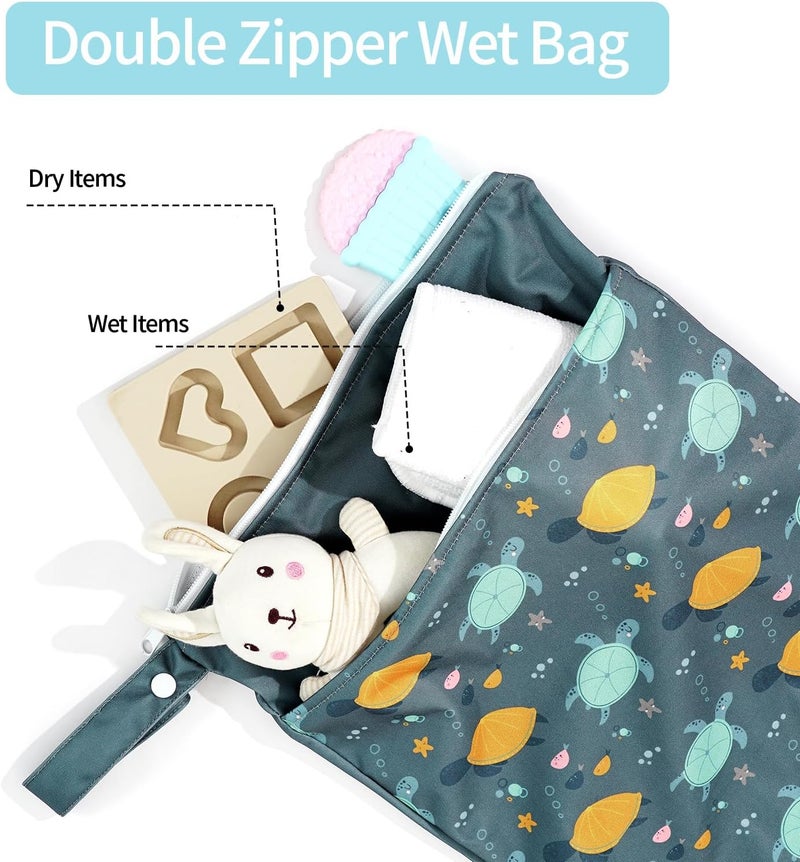 CoolaPeach 2pcs Wet Bags Waterproof Reusable Wet Dry Bag with Two Zippered Pockets Travel Beach Pool Daycare Yoga Gym Bag for Baby Cloth Diaper,Swimsuits,Wet Clothes (Turtles & Seagrass) - Image 4